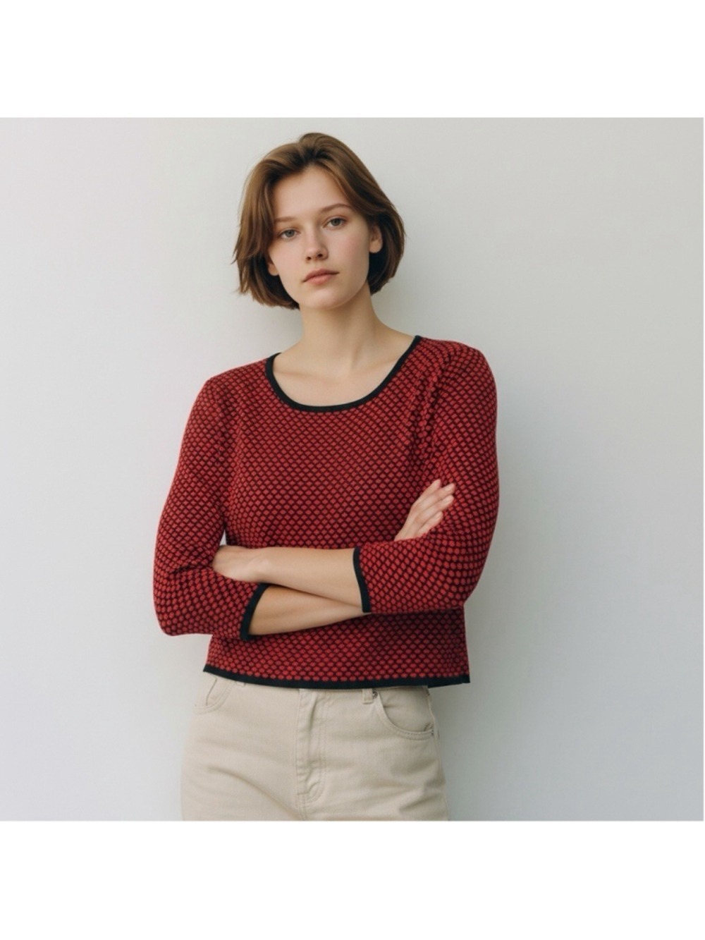 Express Red 3/4 Sleeves Sweater Knit Crop Top Size Small Red Polka Dots New